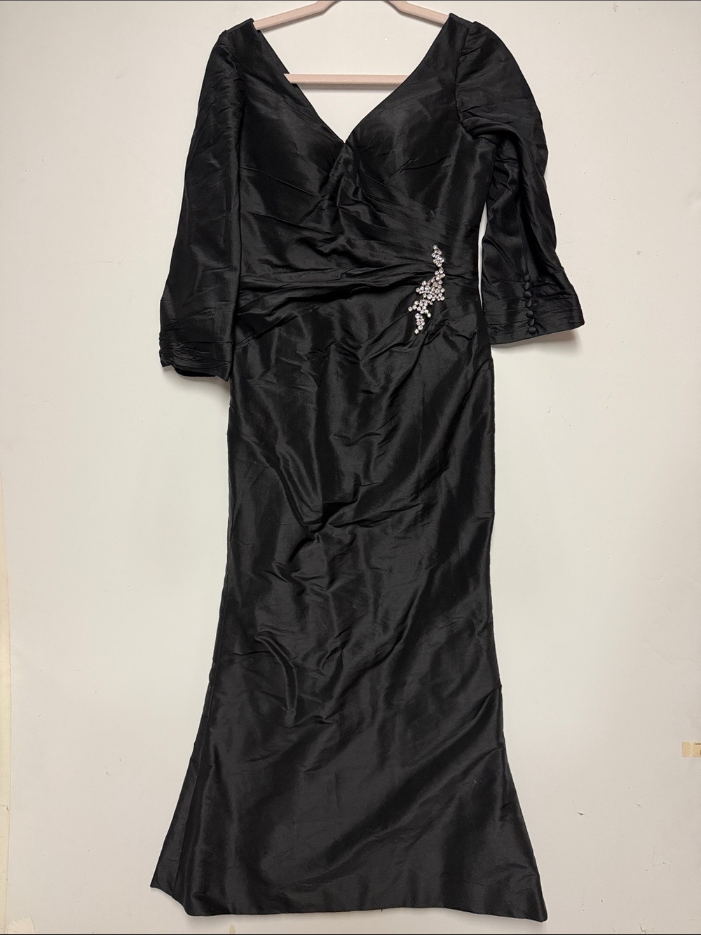 Sarah Danielle Black Long-Sleeve V-Neck Evening Gown with Jeweled Waist